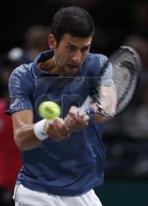 Novak Djokovic of Serbia in action during his second round match against Joao Sousa of Portugal at the Rolex Paris Masters tennis tournament in Paris, France, 30 October 2018.  EPA-EFE/IAN LANGSDON