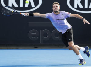 Stan Wawrinka of Switzerland in action during his men's singles first round match against Ernests Gulbis of Latvia at the Australian Open Grand Slam tennis tournament in Melbourne, Australia, 15 January 2019.  EPA-EFE/RITCHIE TONGO