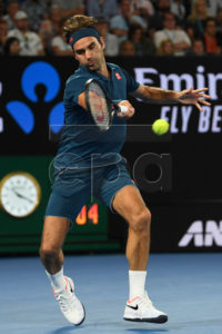 Roger Federer of Switzerland in action during his men's singles fourth round match against Stefanos Tsitsipas of Greece at the Australian Open Grand Slam tennis tournament in Melbourne, Australia, 20 January 2019. EPA-EFE/LUKAS COCH AUSTRALIA AND NEW ZEALAND OUT
