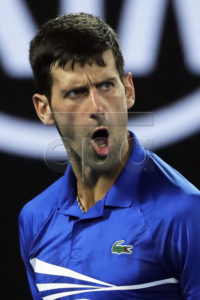 Novak Djokovic of Serbia reacts during his men's singles semi final match against Lucas Pouille of France at the Australian Open Grand Slam tennis tournament in Melbourne, Australia, 25 January 2019.  EPA-EFE/MAST IRHAM