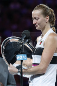 Petra Kvitova of Czech Republic receives her runners up trophy after being defeated in her women's singles final match against Naomi Osaka of Japan at the Australian Open Grand Slam tennis tournament in Melbourne, Australia, 26 January 2019.  EPA-EFE/RITCHIE TONGO
