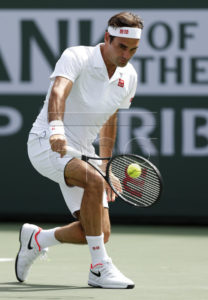 Roger Federer of Switzerland in action against Peter Gojowczyk of Germany during the BNP Paribas Open tennis tournament at the Indian Wells Tennis Garden in Indian Wells, California, USA, 10 March 2019. The men's and women's final will be played, 17 March 2019.  EPA-EFE/JOHN G. MABANGLO