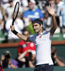 Roger Federer of Switzerland acknowledges the crowd after defeating Kyle Edmund of Great Britain during the BNP Paribas Open tennis tournament at the Indian Wells Tennis Garden in Indian Wells, California, USA, 13 March 2019. The men's and women's final will be played, 17 March 2019.  EPA-EFE/JOHN G. MABANGLO