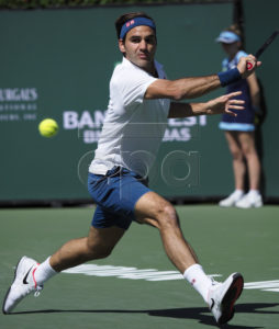 Roger Federer of Switzerland in action against Hubert Hurkacz of Poland during the BNP Paribas Open tennis tournament at the Indian Wells Tennis Garden in Indian Wells, California, USA, 15 March 2019. The men's and women's final will be played, 17 March 2019.  EPA-EFE/JOHN G. MABANGLO