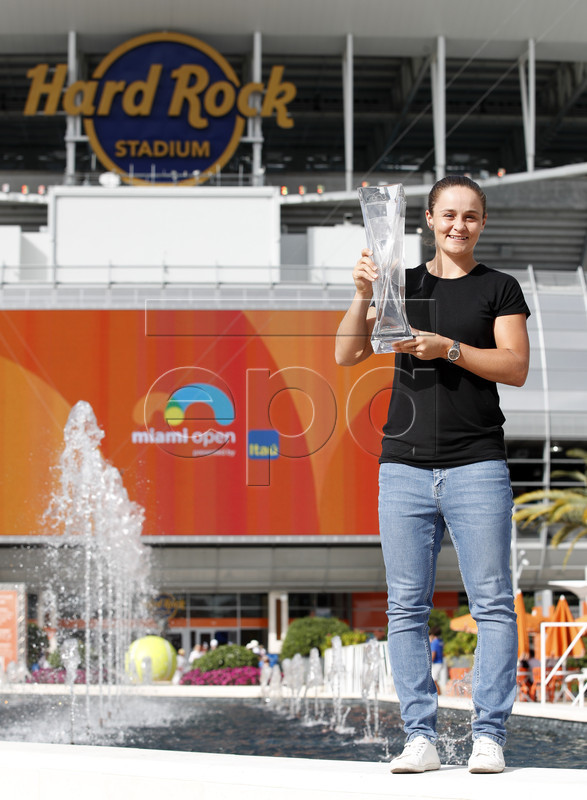 Ashleigh Barty of Australia, poses with the trophy after defeating Karolina Pliskova, of the Czech Republic, in the singles final of the Miami Open tennis tournament in Miami, Florida, USA, 30 March 2019.  EPA-EFE/JASON SZENES