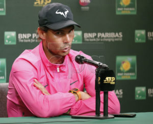 Rafael Nadal of Spain reacts to questions after announcing his withdrawal from his semifinal match against Roger Federer of Switzerland due to injury during the BNP Paribas Open tennis tournament at the Indian Wells Tennis Garden in Indian Wells, California, USA, 16 March 2019. The men's and women's final will be played, 17 March 2019.  EPA-EFE/JOHN G. MABANGLO