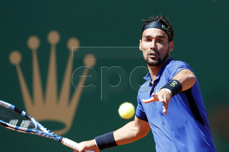 Fabio Fognini of Italy in action during his first round match against  Andrey Rublev of Russia at the Monte-Carlo Rolex Masters tournament in Roquebrune Cap Martin, France, 15 April 2019.  EPA-EFE/SEBASTIEN NOGIER