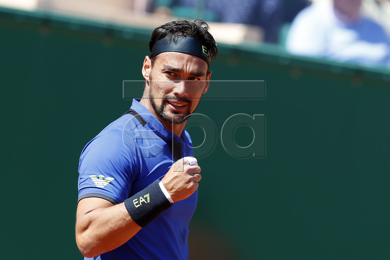 Fabio Fognini of Italy reacts during his first round match against  Andrey Rublev of Russia at the Monte-Carlo Rolex Masters tournament in Roquebrune Cap Martin, France, 15 April 2019.  EPA-EFE/SEBASTIEN NOGIER