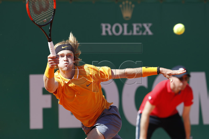 Andrey Rublev of Russia in action during his first round match against Fabio Fognini of Italy at the Monte-Carlo Rolex Masters tournament in Roquebrune Cap Martin, France, 15 April 2019.  EPA-EFE/SEBASTIEN NOGIER
