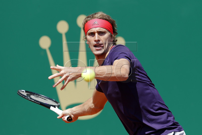 Alexander Zverev of Germany in action during his second round match against Felix Auger-Aliassime of Canada at the Monte-Carlo Rolex Masters tournament in Roquebrune Cap Martin, France, 17 April 2019.  EPA-EFE/SEBASTIEN NOGIER