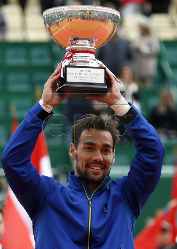 Fabio Fognini of Italy poses with his trophy after winning against Dusan Lajovic of Serbia in their final match of the Monte-Carlo Rolex Masters tournament in Roquebrune Cap Martin, France, 21 April 2019.  EPA-EFE/SEBASTIEN NOGIER