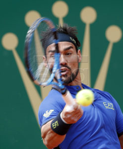 Fabio Fognini of Italy returns the ball to Dusan Lajovic of Serbia during their final match at the Monte-Carlo Rolex Masters tournament in Roquebrune Cap Martin, France, 21 April 2019.  EPA-EFE/SEBASTIEN NOGIER