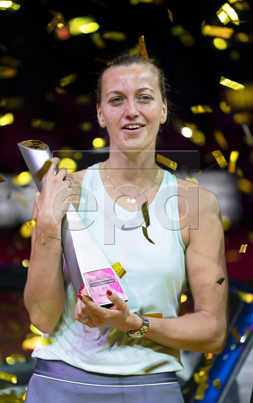 Petra Kvitova of the Czech Republic poses with her trophy after winning her final match against Anett Kontaveit of Estonia at the Porsche Tennis Grand Prix tournament in Stuttgart, Germany, 28 April 2019.  EPA-EFE/RONALD WITTEK