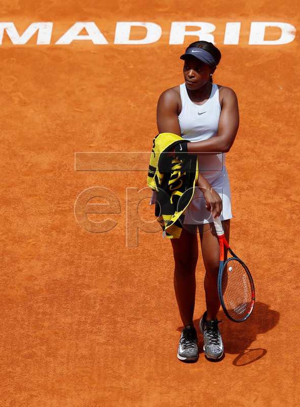 Sloane Stephens of the USA reacts during her second round match against Victoria Azarenka of Belarus at the Mutua Madrid Open tennis tournament at the Caja Magica complex in Madrid, Spain, 06 May 2019.  EPA-EFE/CHEMA MOYA