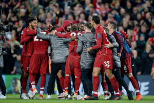 Liverpool players celebrate after winning the UEFA Champions League semi final second leg soccer match between Liverpool FC and FC Barcelona in Liverpool, Britain, 07 May 2019. Liverpool won 4-0 and advanced to the final  EPA-EFE/PETER POWELL