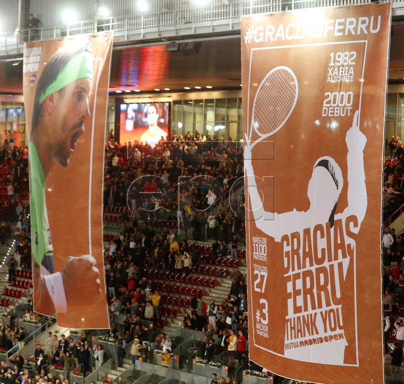 Two banners during the tribute to Spanish David Ferrer after his Mutua Madrid Open's tournament round of 32 game against German Alexander Zverev played at Caja Magica tennis complex, in Madrid, Spain, 08 May 2019. This has been the last match of Ferrer as a professional tennis player.  EPA-EFE/KIKO HUESCA