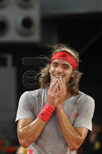 Stefanos Tsitsipas of Greece reacts after defeating Spanish Rafael Nadal during their Mutua Madrid Open tennis semifinal game played at Caja Magica in Madrid, Spain, 11 May 2019. EPA-EFE/JAVIER LIZON