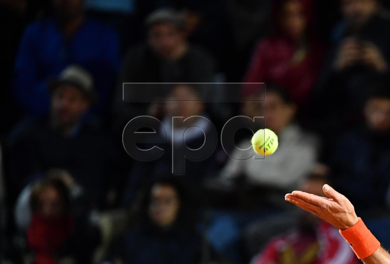 Novak Djokovic of Serbia in action against Juan Martin Del Potro of Argentina during their men's singles quarter final match at the Italian Open tennis tournament in Rome, Italy, 17 May 2019.  EPA-EFE/ETTORE FERRARI