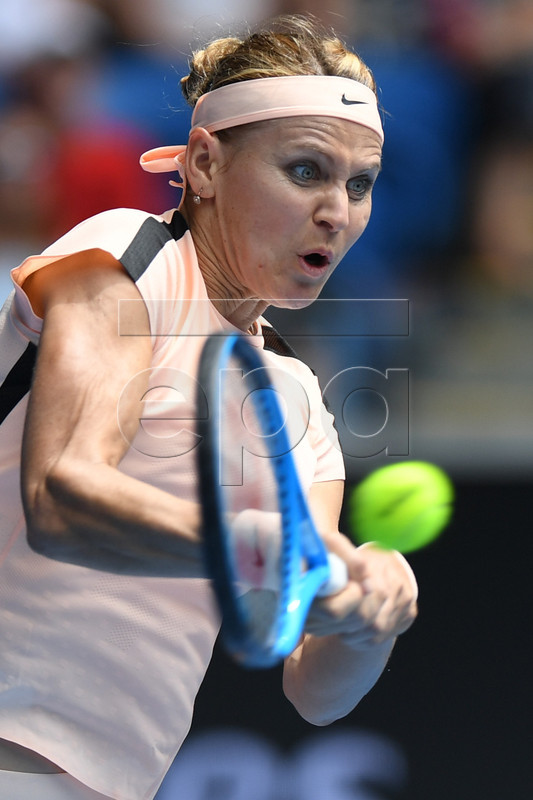 Lucie Safarova of the Czech Republic in action against Karolina Pliskova of the Czech Republic during round three on day six of the Australian Open tennis tournament, in Melbourne, Victoria, Australia, 20 January 2018.  EPA-EFE/LUKAS COCH  AUSTRALIA AND NEW ZEALAND OUT