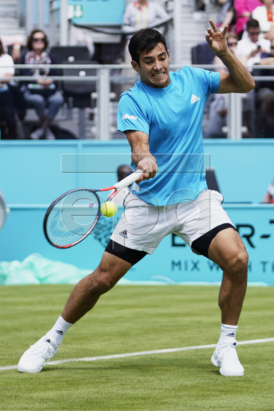 Chile's Cristian Garin in action during his round of 32 match against Croatia's Marin Cilic at the Fever Tree Championship at Queen's Club in London, Britain, 17 June 2019. The tournament runs from 17th June till 23 June 2019. EPA-EFE/WILL OLIVER