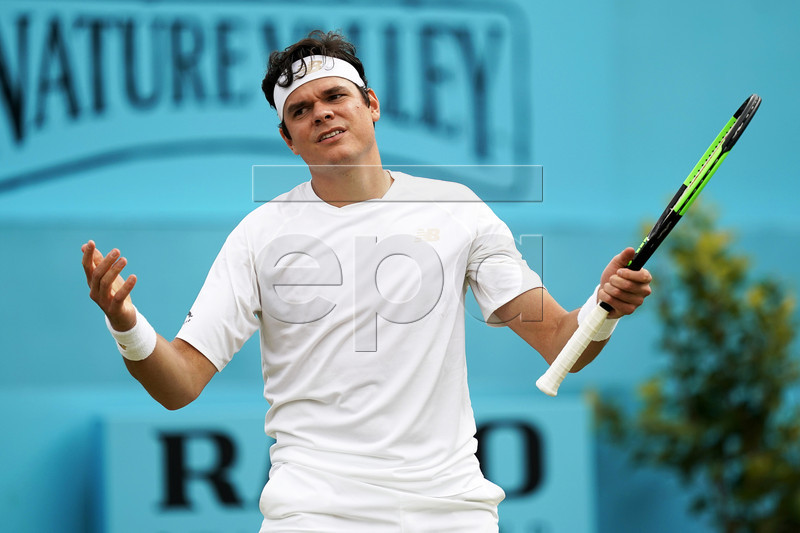 Canada's Milos Raonic reacts during his quarter final match against Feliciano Lopez of Spain at the Fever Tree Championship at Queen's Club in London, Britain, 21 June 2019. EPA-EFE/WILL OLIVER