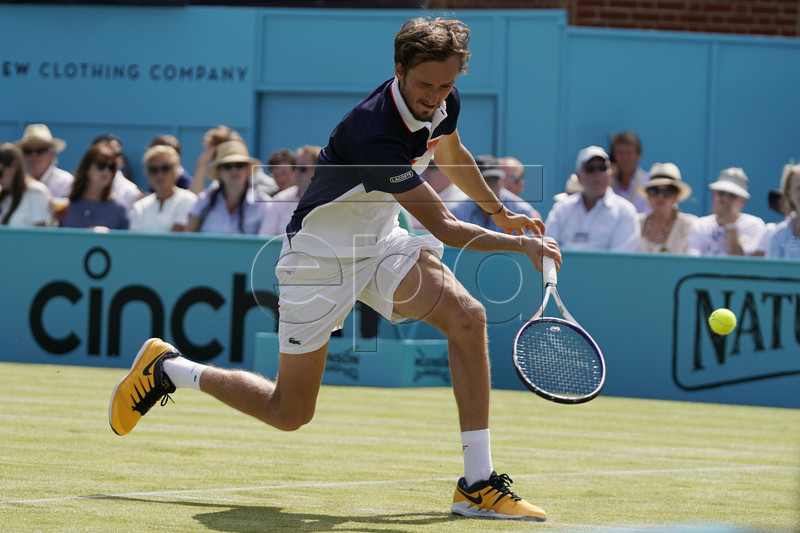 Russia's Daniil Medvedev returns to Gilles Simon of France during their semi final match at the Fever Tree Championship at Queen's Club in London, Britain, 22 June 2019. EPA-EFE/WILL OLIVER