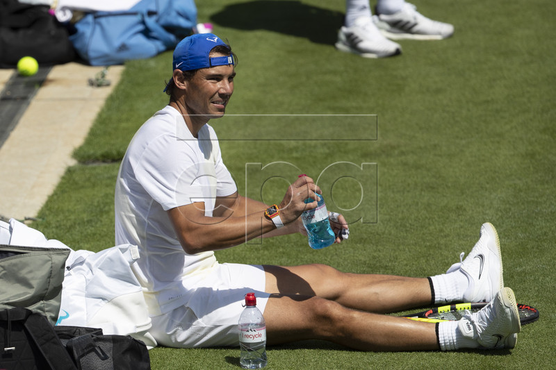 Rafael Nadal of Spain takes a break during a training session at the All England Lawn Tennis Championships in Wimbledon, London, on Thursday, June 27, 2019.  EPA-EFE/PETER KLAUNZER EDITORIAL USE ONLY; NO SALES, NO ARCHIVES