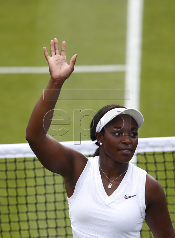 Sloane Stephens of the USA celebrates winning against Timea Bacsinszky of Switzerland during their first round match at the Wimbledon Championships at the All England Lawn Tennis Club, in London, Britain, 02 July 2019. EPA-EFE/NIC BOTHMA EDITORIAL USE ONLY/NO COMMERCIAL SALES