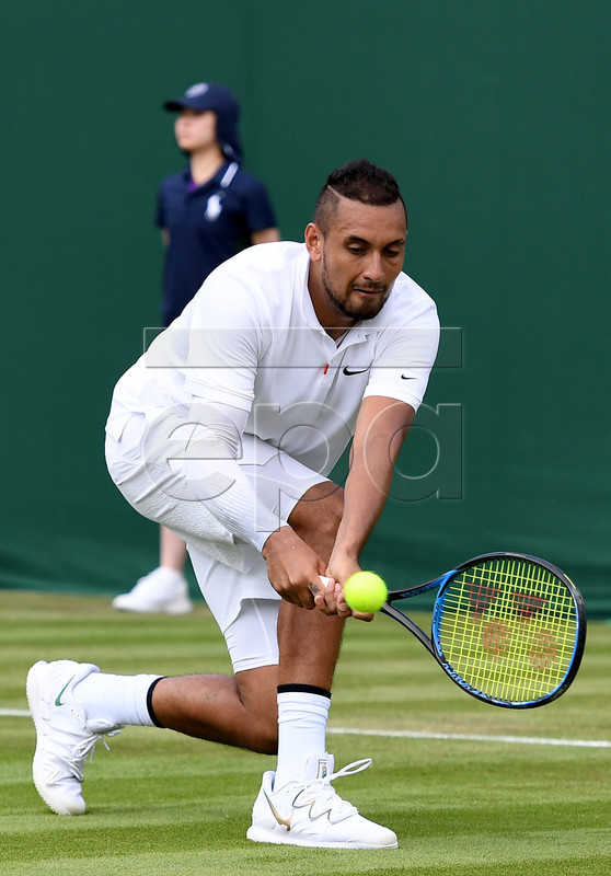 Nick Kyrgios of Australia in action against Jordan Thompson of Australia during their first round match at the Wimbledon Championships at the All England Lawn Tennis Club, in London, Britain, 02 July 2019. EPA-EFE/ANDY RAIN EDITORIAL USE ONLY/NO COMMERCIAL SALES