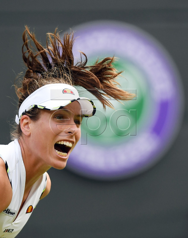 Johanna Konta of Britain serves to Ana Bogdan of Romania in their first round match during the Wimbledon Championships at the All England Lawn Tennis Club, in London, Britain, 02 July 2019. EPA-EFE/FACUNDO ARRIZABALAGA EDITORIAL USE ONLY/NO COMMERCIAL SALES