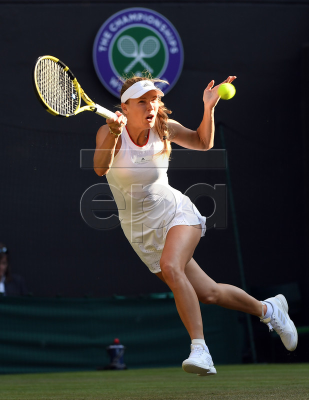 Caroline Wozniacki of Denmark returns to Veronika Kudermetova of Russia in their second round match during the Wimbledon Championships at the All England Lawn Tennis Club, in London, Britain, 03 July 2019. EPA-EFE/ANDY RAIN EDITORIAL USE ONLY/NO COMMERCIAL SALES