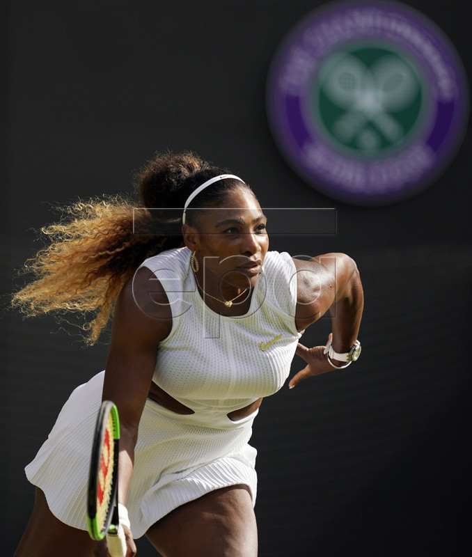 Serena Williams of the US plays Kaja Juvan of Slovenia in their second round match during the Wimbledon Championships at the All England Lawn Tennis Club, in London, Britain, 04 July 2019. EPA-EFE/WILL OLIVER EDITORIAL USE ONLY/NO COMMERCIAL SALES