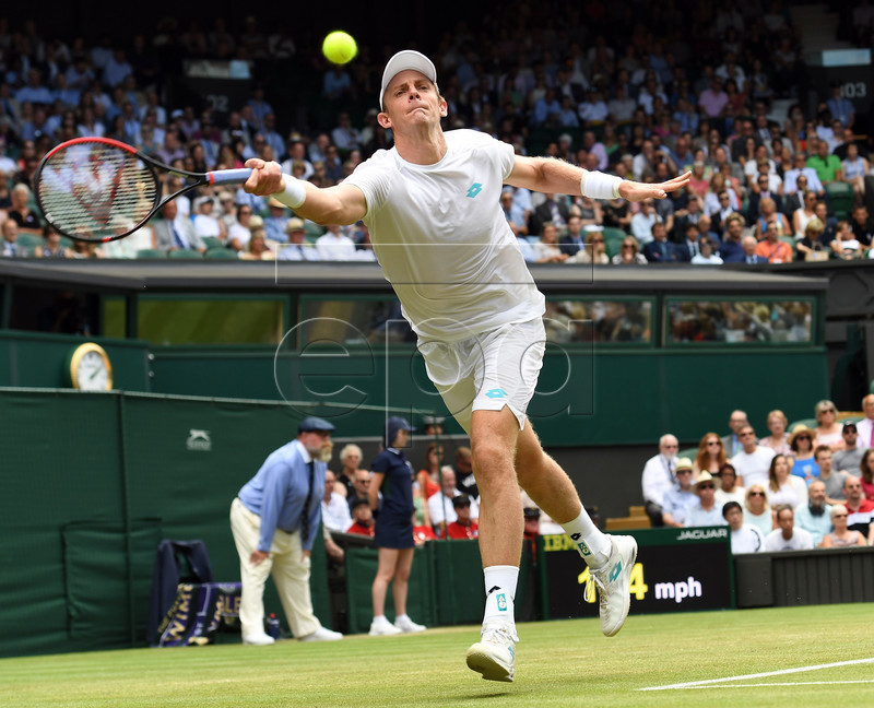 Kevin Anderson of South Africa returns to Guido Pella of Argentina in their third round match during the Wimbledon Championships at the All England Lawn Tennis Club, in London, Britain, 05 July 2019. EPA-EFE/ANDY RAIN EDITORIAL USE ONLY/NO COMMERCIAL SALES