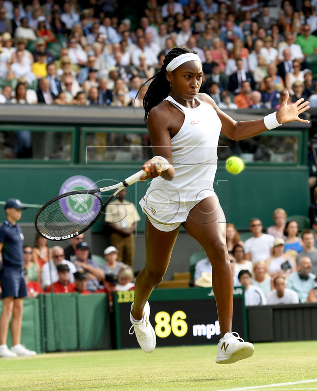 Cori Gauff of the USA in action against Polona Hercog of Slovenia during their third round match for the Wimbledon Championships at the All England Lawn Tennis Club, in London, Britain, 05 July 2019. EPA-EFE/ANDY RAIN EDITORIAL USE ONLY/NO COMMERCIAL SALES