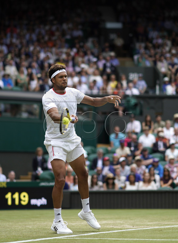 Jo-Wilfried Tsonga of France in action against Rafael Nadal of Spain during their third round match at the Wimbledon Championships at the All England Lawn Tennis Club, in London, Britain, 06 July 2019. EPA-EFE/WILL OLIVER EDITORIAL USE ONLY/NO COMMERCIAL SALES