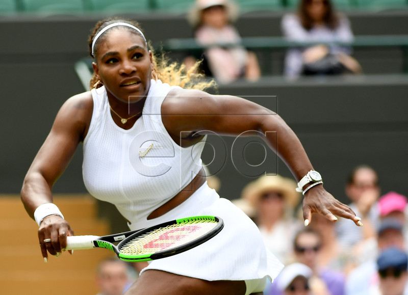 Serena Williams of the USA in action against Carla Suarez Navarro of Spain during their fourth round match for the Wimbledon Championships at the All England Lawn Tennis Club, in London, Britain, 08 July 2019. EPA-EFE/ANDY RAIN EDITORIAL USE ONLY/NO COMMERCIAL SALES