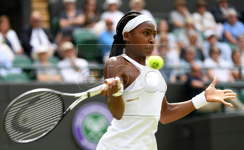 Cori Gauff of the USA in action against Simona Halep of Romania during their fourth round match for the Wimbledon Championships at the All England Lawn Tennis Club, in London, Britain, 08 July 2019. EPA-EFE/ANDY RAIN EDITORIAL USE ONLY/NO COMMERCIAL SALES