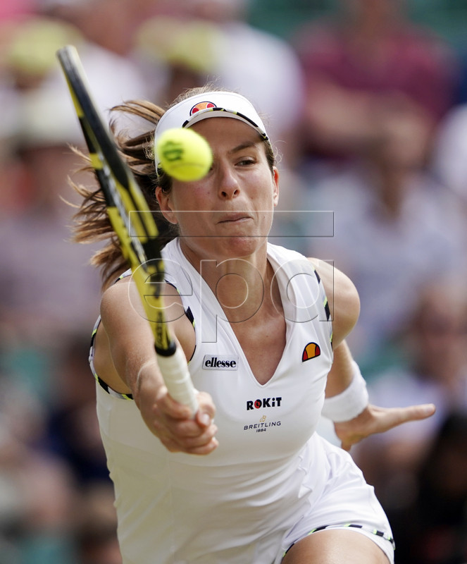 Johanna Konta of Britain returns to Petra Kvitova of the Czech Republic in their fourth round match during the Wimbledon Championships at the All England Lawn Tennis Club, in London, Britain, 08 July 2019. EPA-EFE/NIC BOTHMA EDITORIAL USE ONLY/NO COMMERCIAL SALES