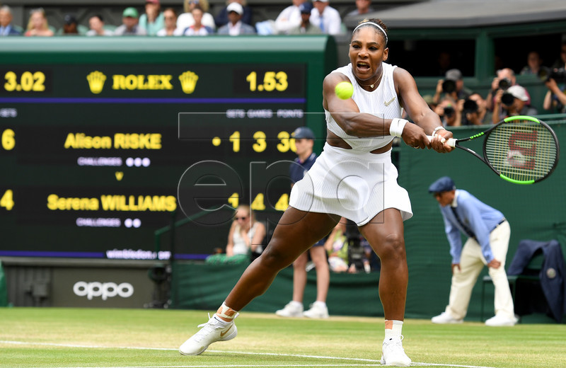 Serena Williams of the USA in action against Alison Riske of the USA during their quarter final match for the Wimbledon Championships at the All England Lawn Tennis Club, in London, Britain, 09 July 2019. EPA-EFE/ANDY RAIN EDITORIAL USE ONLY/NO COMMERCIAL SALES