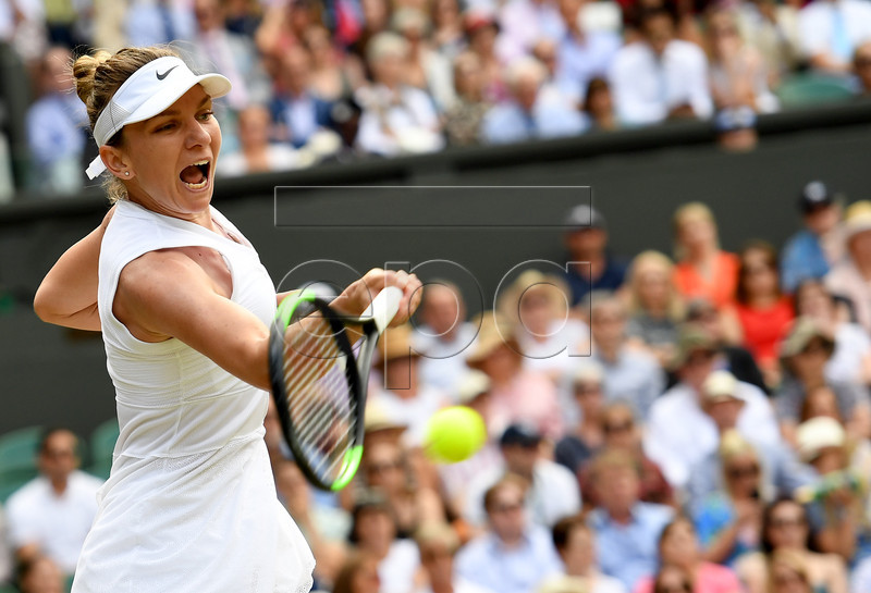 Simona Halep of Romania in action against Elina Svitolina of Ukraine during their semi final match for the Wimbledon Championships at the All England Lawn Tennis Club, in London, Britain, 11 July 2019. EPA-EFE/ANDY RAIN EDITORIAL USE ONLY/NO COMMERCIAL SALES