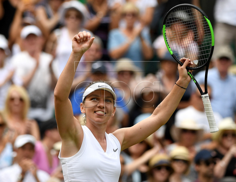 Simona Halep of Romania celebrates winning against Elina Svitolina of Ukraine during their semi final match for the Wimbledon Championships at the All England Lawn Tennis Club, in London, Britain, 11 July 2019. EPA-EFE/ANDY RAIN EDITORIAL USE ONLY/NO COMMERCIAL SALES