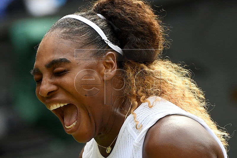 Serena Williams of the USA celebrates winning against Barbora Strycova of the Czech Republic during their semi final match for the Wimbledon Championships at the All England Lawn Tennis Club, in London, Britain, 11 July 2019. EPA-EFE/ANDY RAIN EDITORIAL USE ONLY/NO COMMERCIAL SALES